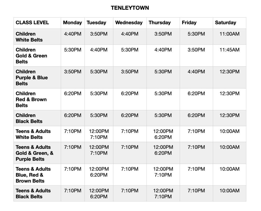 Image of class schedule. 